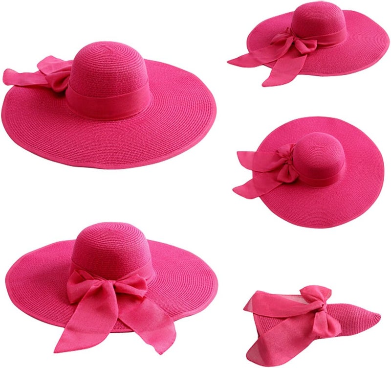 Lanzom Womens 5.7 Inches Big Bowknot Straw Hat Large Floppy Foldable Roll up Beach Cap Sun Hat UPF 50+ - Image 2